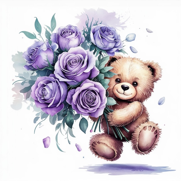 a teddy bear with a bouquet of purple roses