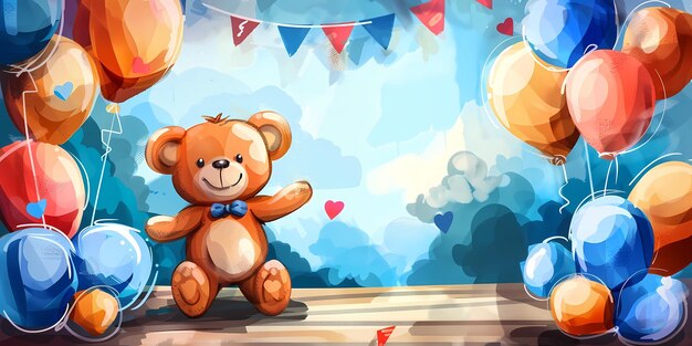 Photo a teddy bear with a bow tie is standing in front of a banner that says  love