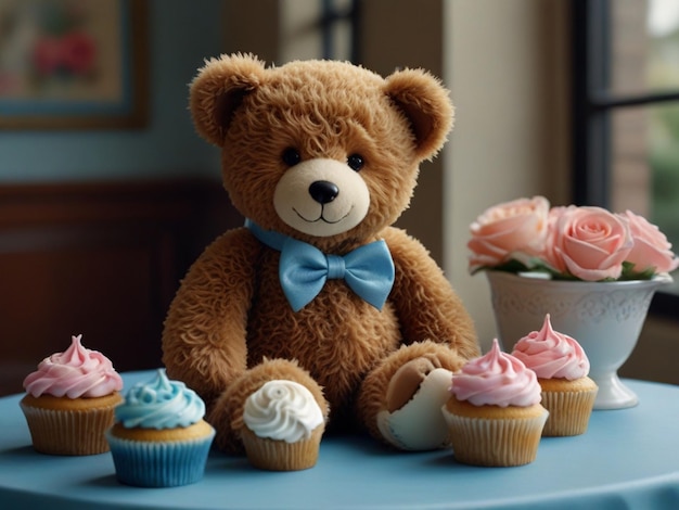 a teddy bear with a bow tie sits next to cupcakes