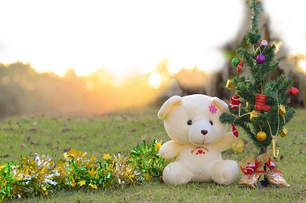 Teddy bear with Christmas tree on nature background