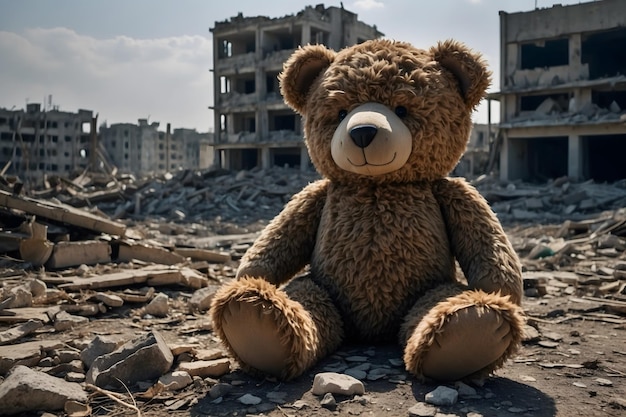 A teddy bear with a destroyed city as a concept of cruelty of war