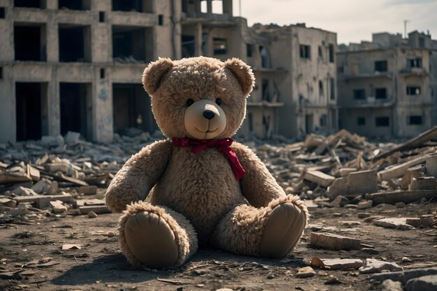 A teddy bear with a destroyed city as a concept of war