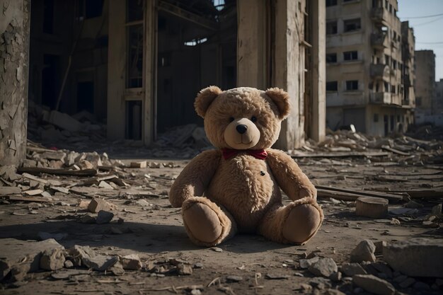 A teddy bear with a destroyed city as a concept of war