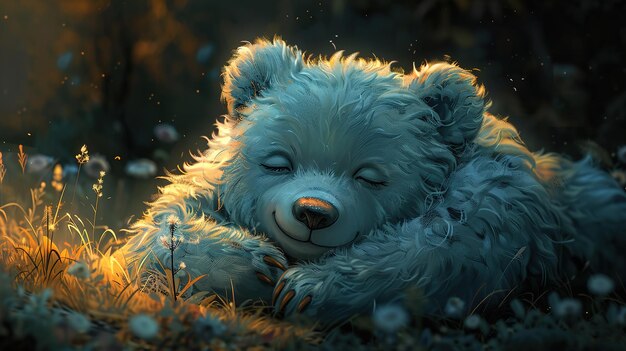 a teddy bear with eyes closed and sleeping