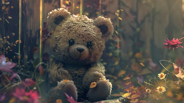 a teddy bear with a flower in its mouth sits in a flower bed