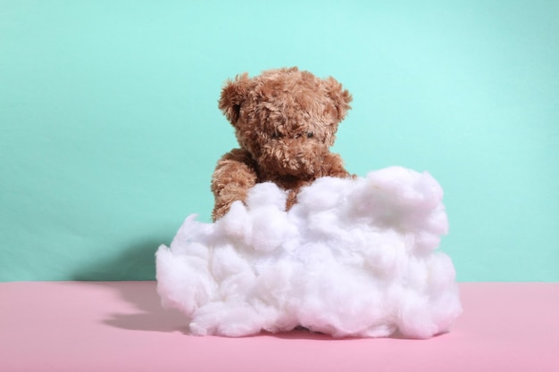 Teddy bear with fluffy cloud on a bluepink pastel background Minimalism