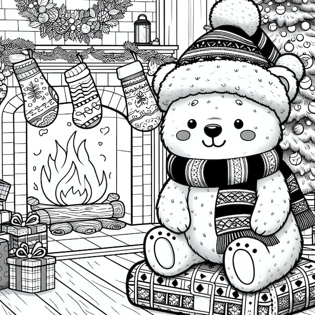 a teddy bear with a hat on sits in front of a fireplace