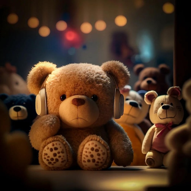 A teddy bear with headphones on sits in front of other stuffed animals.