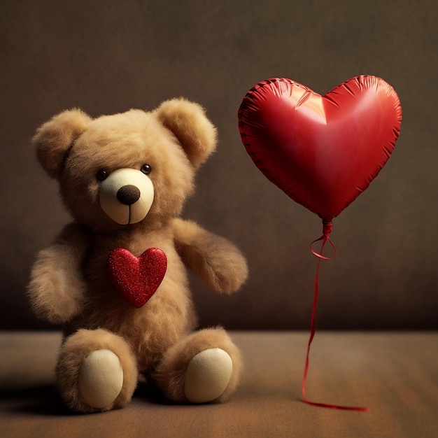 A teddy bear with a heart balloon next to it