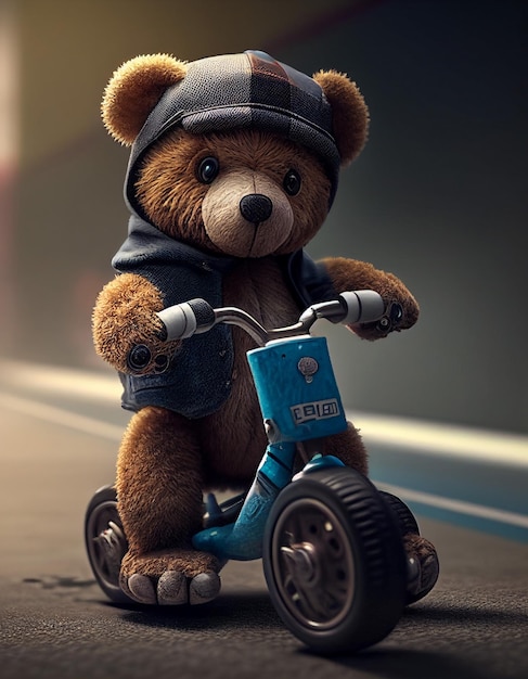 A teddy bear with a helmet and jacket that says'e'on it