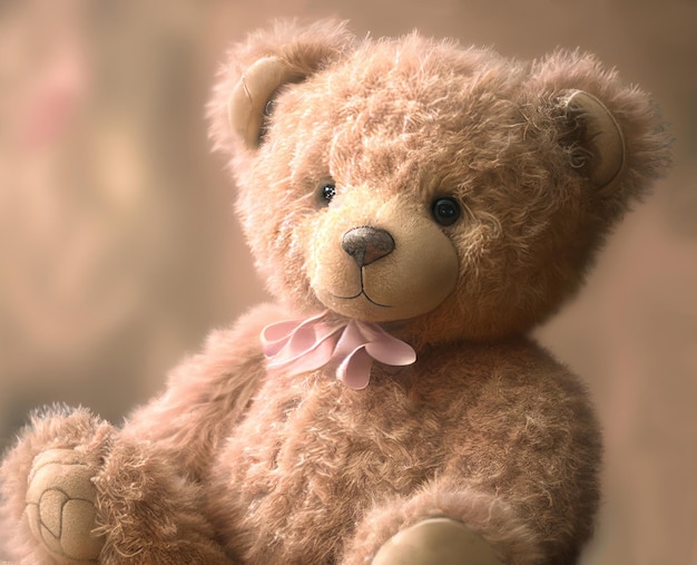 A teddy bear with a pink bow and a pink bow.