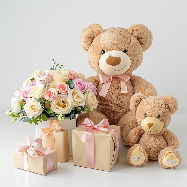 Photo a teddy bear with a pink bow and two other gift boxes with a teddy bear and flowers