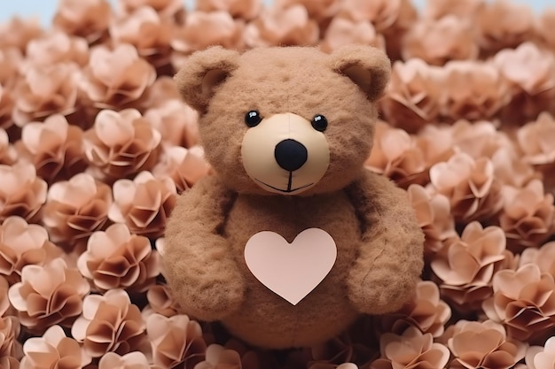 Teddy bear with pink heart Among the flowers