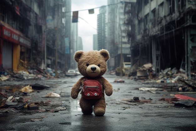 A teddy bear with a red backpack walks through a city street