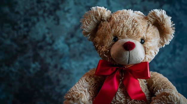 Photo a teddy bear with a red ribbon around its neck