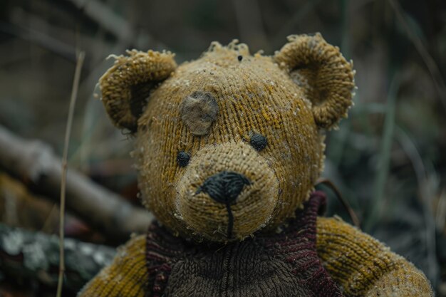 A teddy bear with a sweater on sitting in the woods