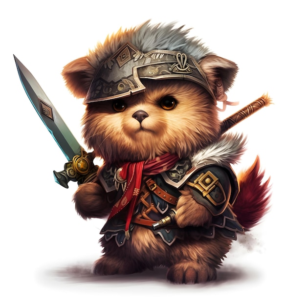 A teddy bear with a sword and a helmet