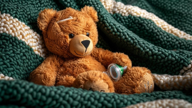 Photo a teddy bear with a thermometer is nestled in a green and white checkered blanket