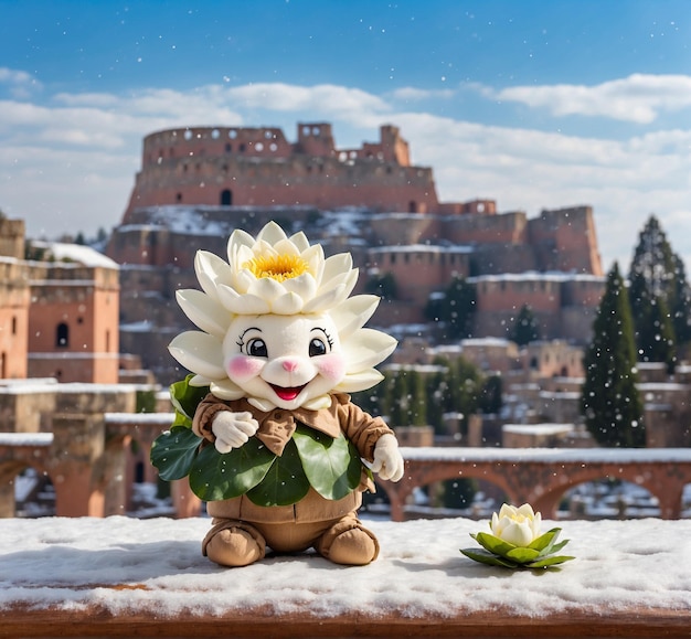 Teddy bear with white lotus flowers in front of Colosseum in Rome Italy