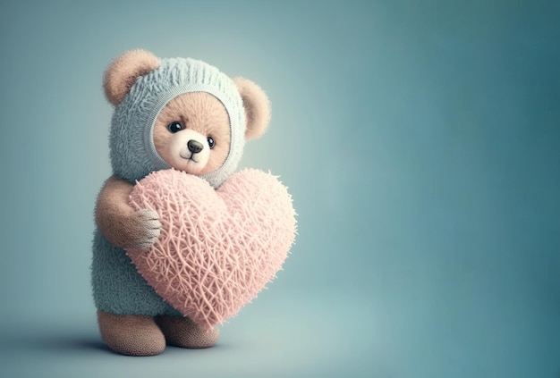 Teddy bear with woolen clothes holding a heart on blue background Cute Valentine day postcard with copy space Generative AI