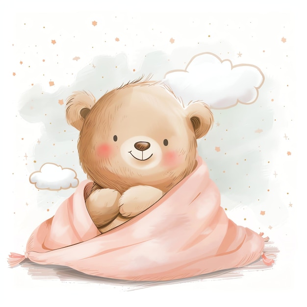 teddy bear wrapped in a light pink blanket illustrataion cute nuresery watercolor