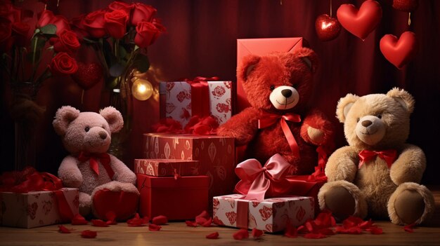 Teddy bears sit together near gift packages Heart balloons Valentines Day concept Generative AI