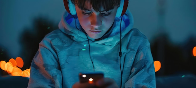 Teen boy playing smartphone late at night instead of sleeping lack of control