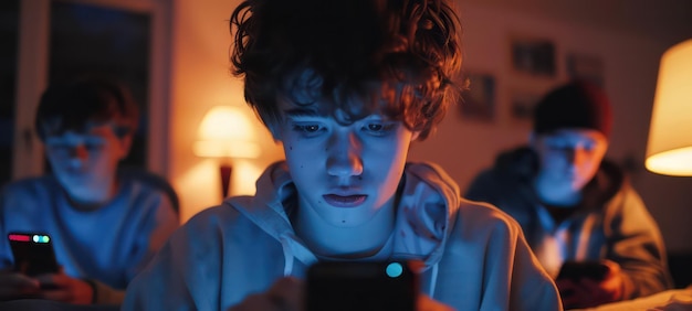 Teen boy playing smartphone late at night instead of sleeping lack of control