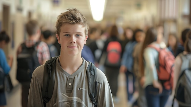 Photo teen boy in school hallway with backpack confident teenage boy with a backpack standing in a school corridor with students in the background