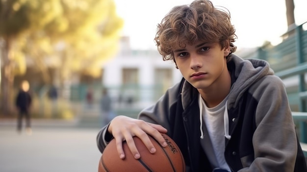 Teen boy voting the basketball at court