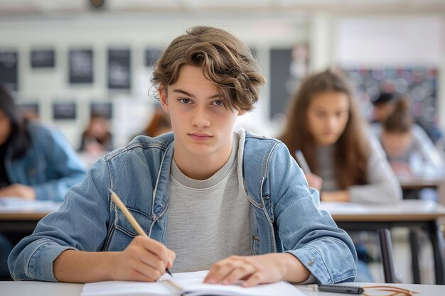 teen boy writing exam in the classroom ai generated