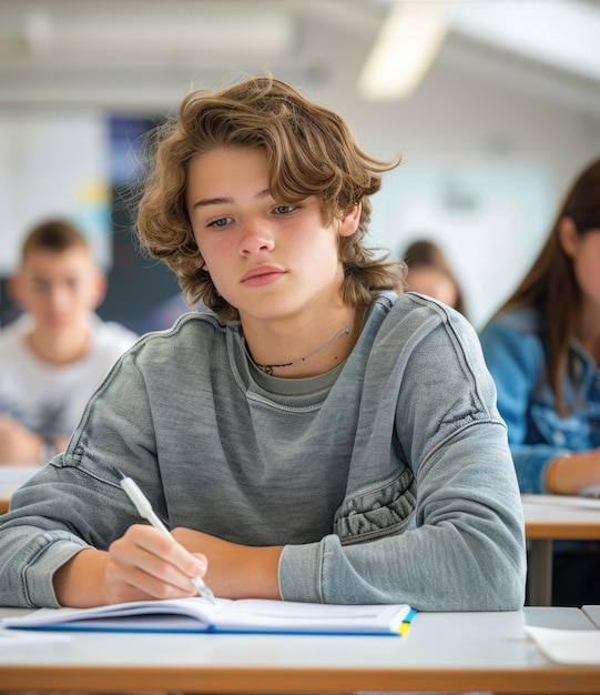 teen boy writing exam in the classroom ai generated