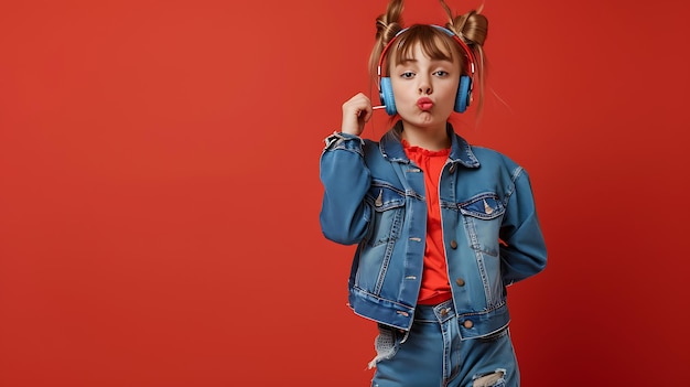 Photo teen girl listening music with attitude on red background