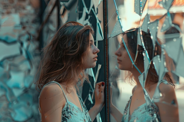 Photo teen girl looking at her reflection in the mirror fragments on the wall at street