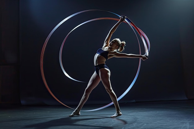 Teen Girl Practicing Rhythmic Gymnastics Twirling Ribbons and Hoops with Precision and Grace