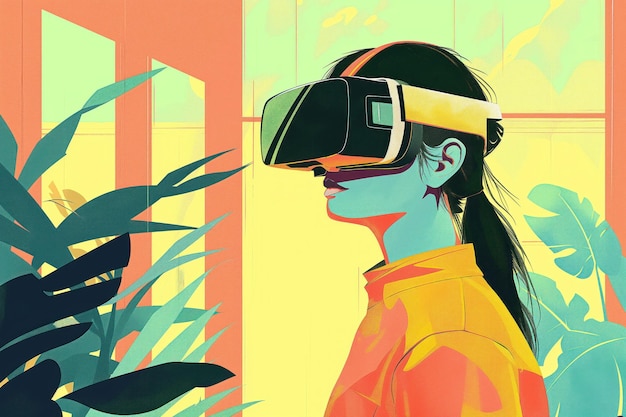 Teen girl uses VR headset in colorful minimalistic room Imagines virtual reality world