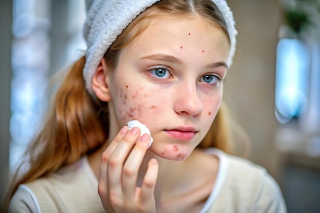 Photo teen girl with hormonal acne applying treatment to her face