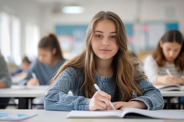 teen girl writing exam in the classroom ai generated