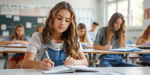 teen girl writing exam in the classroom ai generated