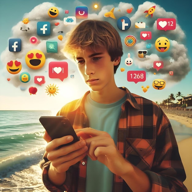 Teen Online Activity Social Media Symbols Emojis and App on Beach