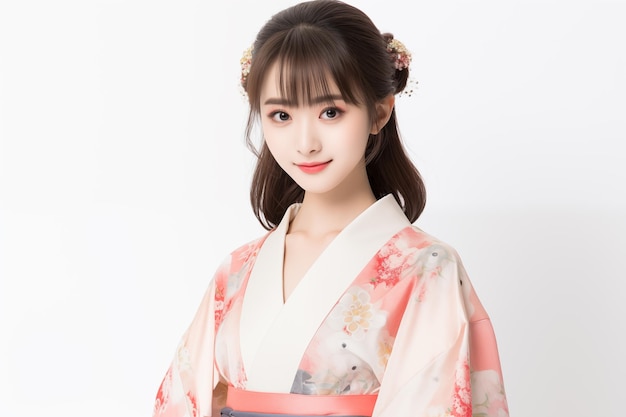 Teen pretty Japanese girl over isolated white background wearing a kimono