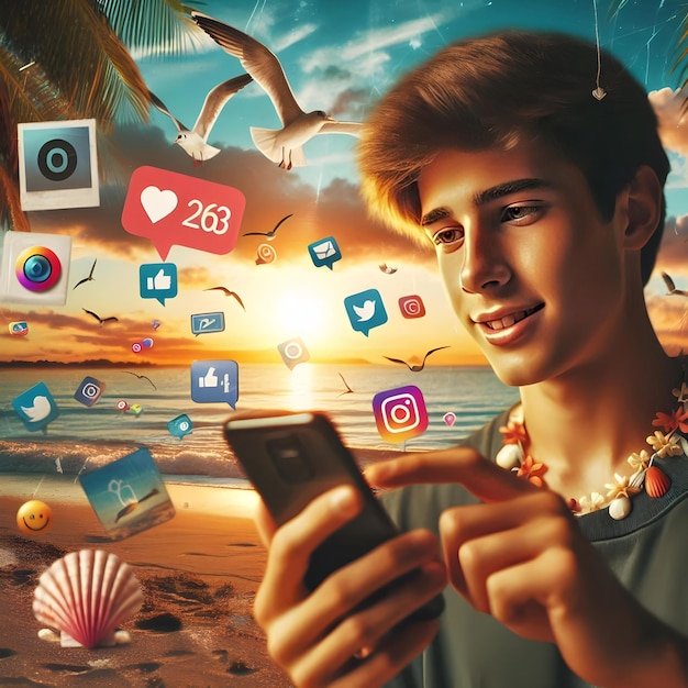 Teen Using Smartphone with Social Media Symbols Emojis and App as Vintage Photo with Seagulls She