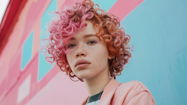 Teen White Woman with Pink Curly Hair 1990s style Illustration