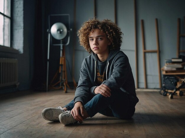 Photo a teen with light skin and curly hair sitting with leg_1