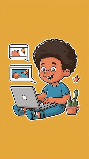 Teenage african american boy using laptop computer learning tutorial and entertainment cartoon s