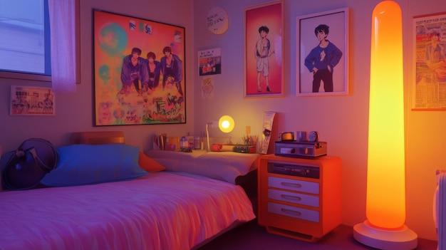 Photo a teenage bedroom with a bed posters and a tall lamp