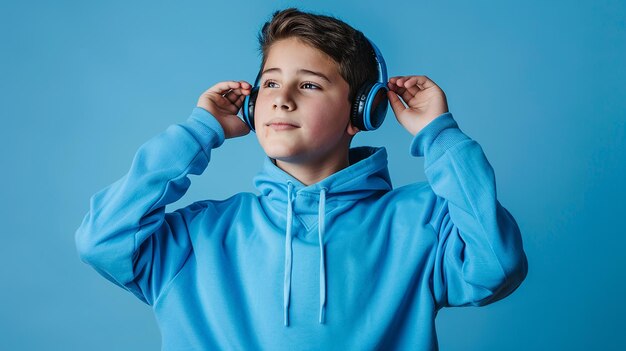 Photo teenage boy in a blue hoodie listening to music