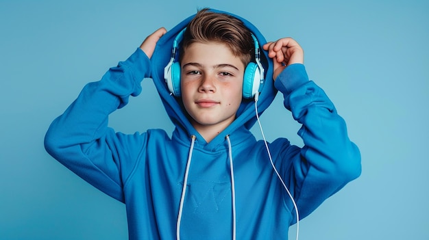 Teenage Boy in a Blue Hoodie Listening to Music