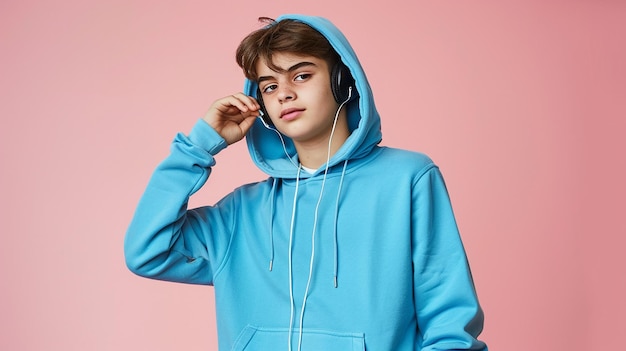 Photo teenage boy in a blue hoodie listening to music