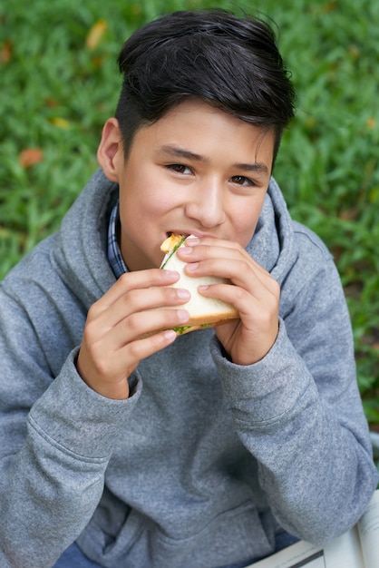 Teenage boy eating sandwich